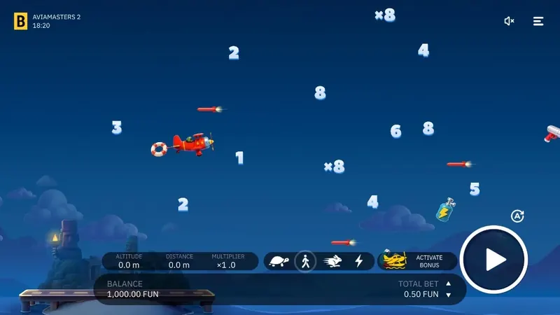 Aviamasters 2 মোবাইল গেমপ্লে - HUD, মাল্টিপ্লায়ার এবং Play বাটন